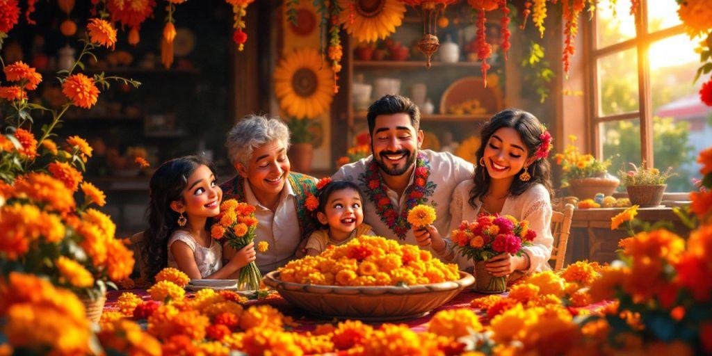 Vibrant marigold flowers and joyful family gathering.