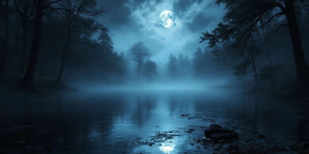 Pimeä järvi sumussa, kuu heijastuu pinnalla.
