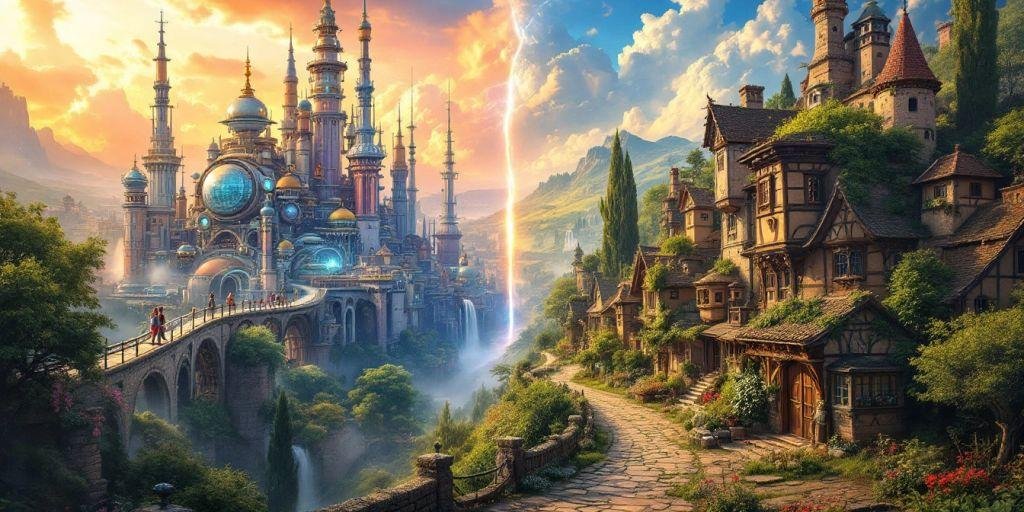 Kaksi aikakautta: futuristinen kaupunki ja historiallinen kylä.