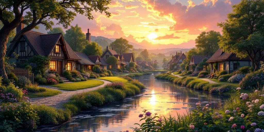 Kaunis kylä maisema auringonlaskussa.