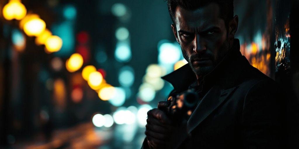 Hyperrealistinen kuva palkkatappajasta pimeässä kaupungissa.